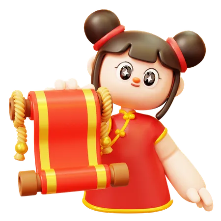 Chinese Girl With Scroll Letter  3D Illustration