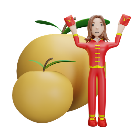 Chinese Girl with Tangerine  3D Illustration