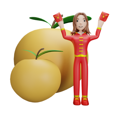 Chinese Girl with Tangerine 3D Illustration