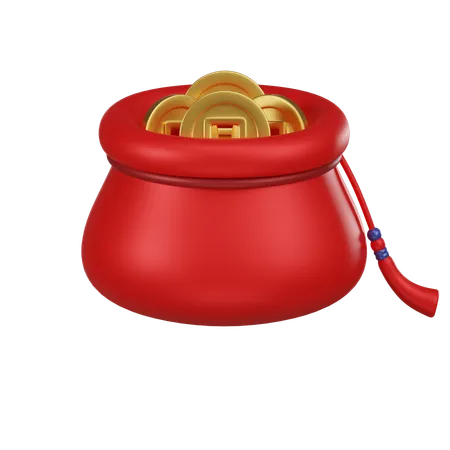 A 3 D Icon Of A Red Pouch Filled With Traditional Chinese Gold Coins Symbolizing Wealth And Prosperity For The New Year 3D Icon