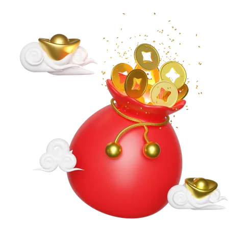 Chinese Gold Coins In Bag With Gold Ingot Cloud Chinese New Year 2024 Capricorn 3 D Render Illustration 3D Icon