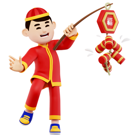 Chinese Guy Playing Firebomb  3D Illustration