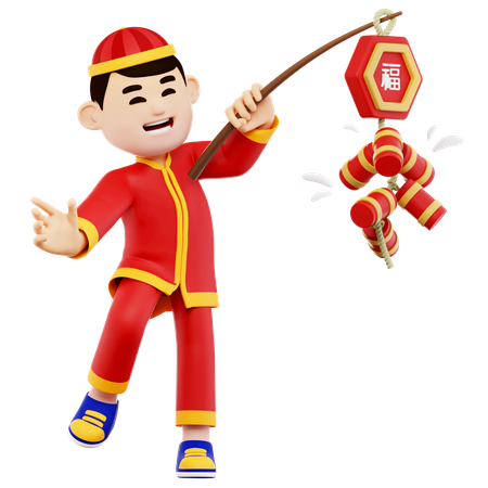 Chinese Guy Playing Firebomb 3D Illustration