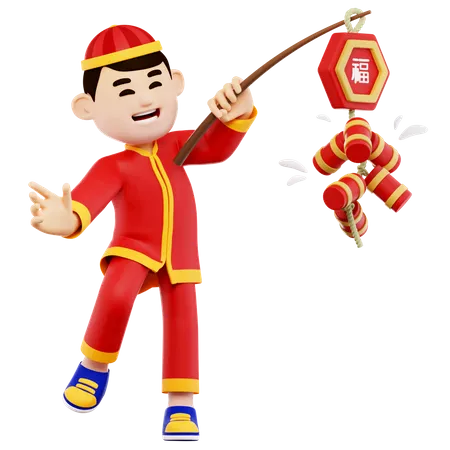 Chinese Guy Playing Firebomb  3D Illustration