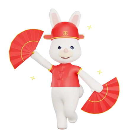 Chinese New Year With A Rabbit Using A Fan 3D Illustration