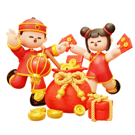 Cute Cartoon 3 D Character Chinese Kids Boy Boy And Girl In Red Traditional Chinese Costume With Coin Bag Gold Ingot Money Coins Angpao Giftbox Happy Lunar New Year Tradition Chinatown And Chinese New Year Tradition 3D Illustration