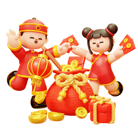 Chinese Kids Celebrating Lunar Festival  3D Icon