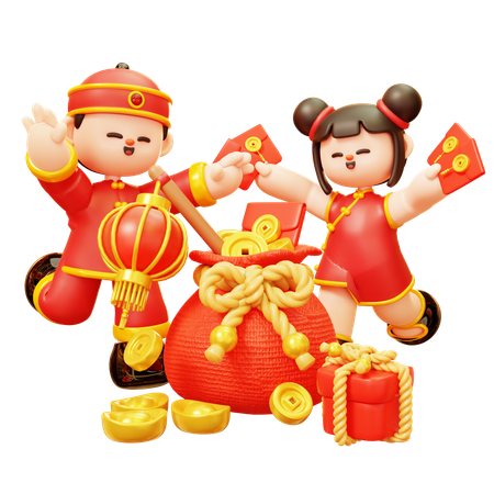 Chinese Kids Celebrating Lunar Festival  3D Illustration