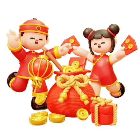 Chinese Kids Celebrating Lunar Festival  3D Illustration