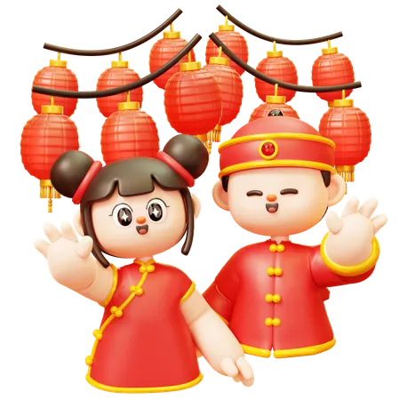 Cute Cartoon 3 D Character Chinese Kids Boy Boy And Girl In Red Traditional Chinese Costume Greeting Front Of Lanterns Happy Lunar New Year Tradition Chinatown And Chinese New Year Tradition 3D Illustration