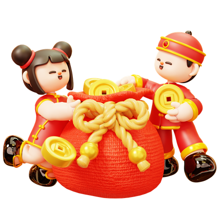 Chinese Kids With Coin Bag  3D Illustration