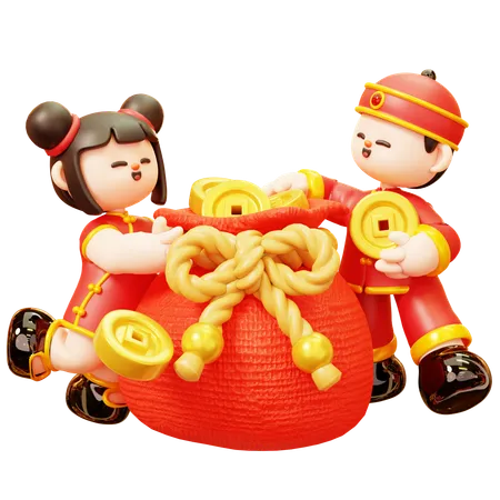 Cute Cartoon 3 D Character Chinese Kids Boy Boy And Girl In Red Traditional Chinese Costume With Coin Bag Happy Lunar New Year Tradition Chinatown And Chinese New Year Tradition 3D Illustration