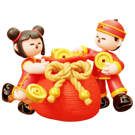 Chinese Kids With Coin Bag  3D Illustration