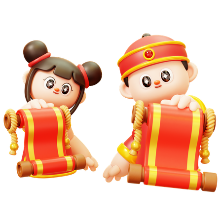 Chinese Kids With Scroll Letter  3D Illustration