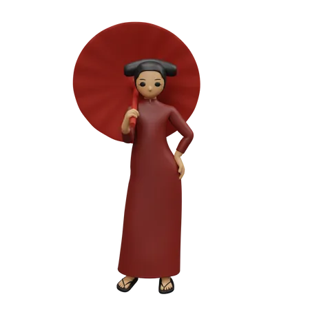 Chinese lady giving standing pose with chinese umbrella  3D Illustration