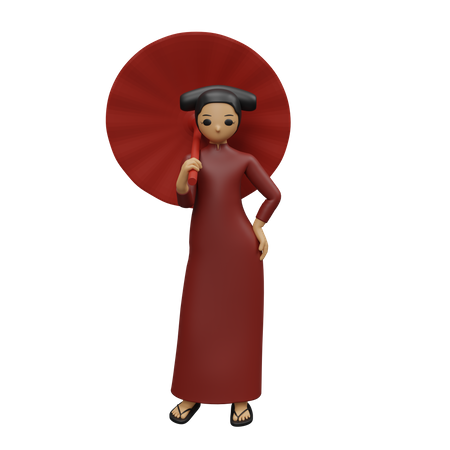 Chinese lady giving standing pose with chinese umbrella  3D Illustration