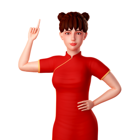 Chinese lady Pointing up with Her Right Hand  3D Illustration