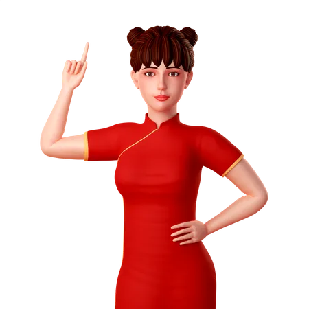 Chinese lady Pointing up with Her Right Hand  3D Illustration