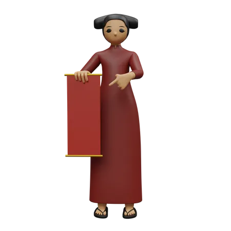 Chinese lady showing Chinese banner  3D Illustration