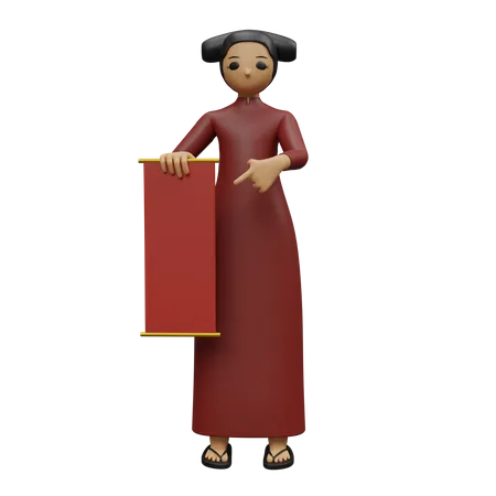 Chinese lady showing Chinese banner 3D Illustration