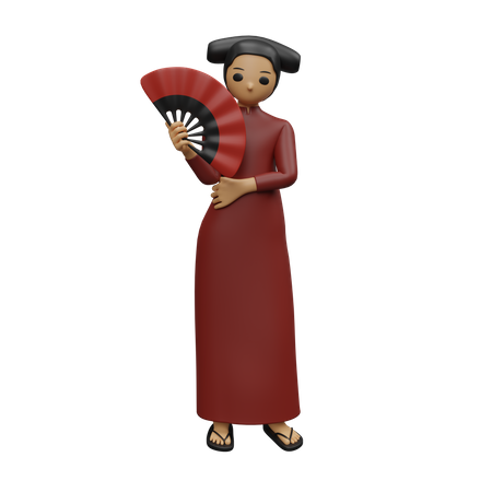 Chinese lady standing and holding chinese fan 3D Illustration