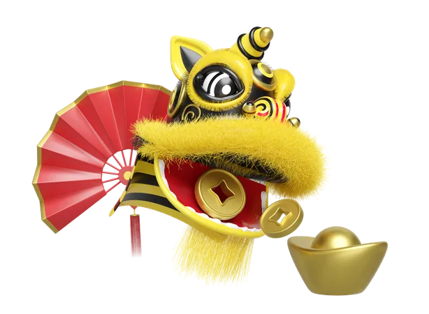 Chinese Lion With Hand Fan And Gold Coins And Ingots  3D Illustration