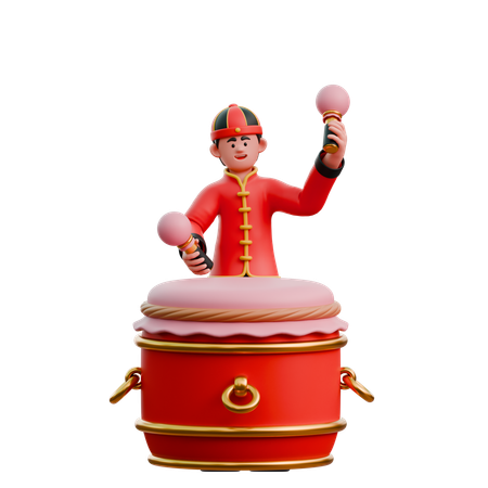 Chinese Man Beating Drums  3D Illustration