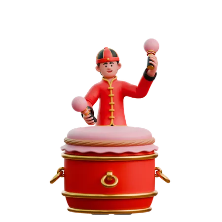Chinese Man Beating Drums  3D Illustration