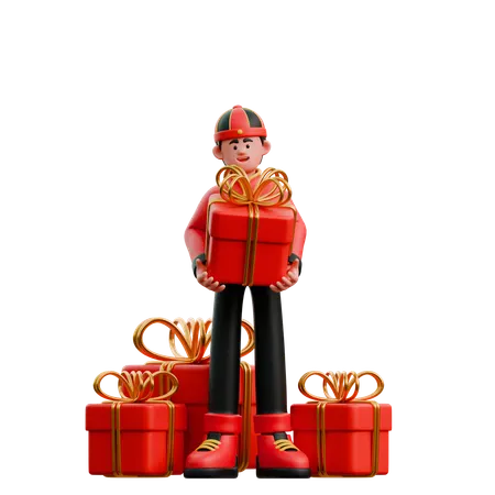 Chinese Man Bringing Chinese New Year Gift  3D Illustration