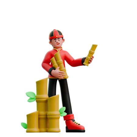 Chinese Man Carrying Bamboo  3D Illustration
