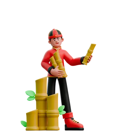 Chinese Man Carrying Bamboo  3D Illustration