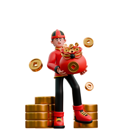 Chinese Man Carrying Coin Bag  3D Illustration