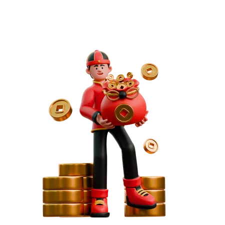 Chinese Man Carrying Coin Bag  3D Illustration