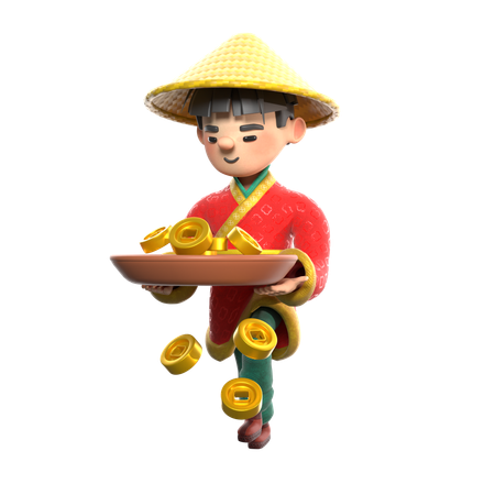 Chinese Man Carrying Chinese Coins  3D Illustration