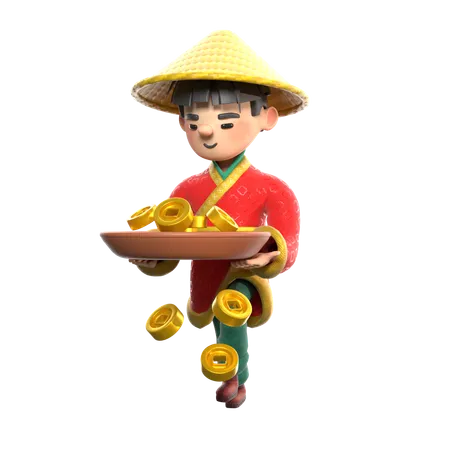 Chinese Man Carrying Chinese Coins  3D Illustration