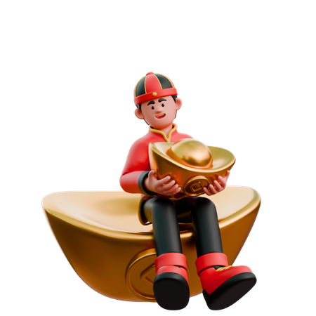 Chinese Man Carrying Golden Ingot  3D Illustration