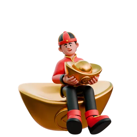 Chinese Man Carrying Golden Ingot  3D Illustration
