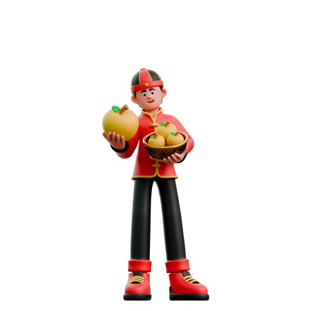 Chinese Man Carrying Oranges  3D Illustration