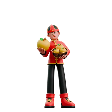 Chinese Man Carrying Oranges  3D Illustration