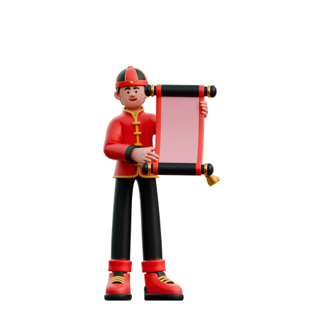 Chinese Man Carrying Chinese Scroll Paper  3D Illustration