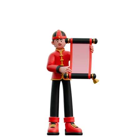 Chinese Man Carrying Chinese Scroll Paper  3D Illustration