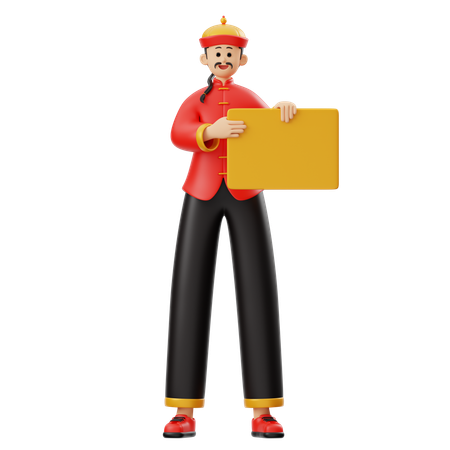 Chinese Man Character Holding Board  3D Illustration