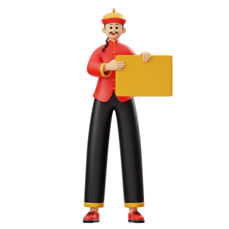 Chinese Man Character Holding Board  3D Illustration