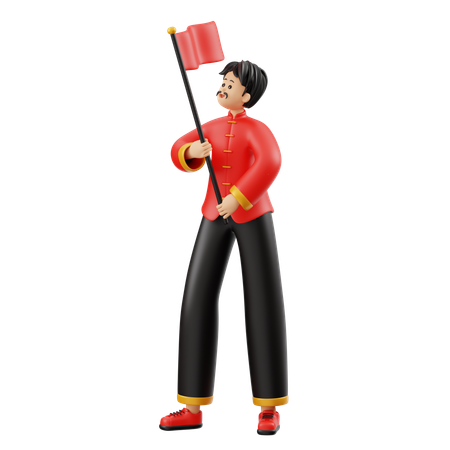 Chinese Man Character Holding Flag  3D Illustration