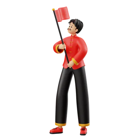 Chinese Man Character Holding Flag  3D Illustration