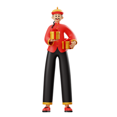 Chinese Man Character Holding Gift  3D Illustration