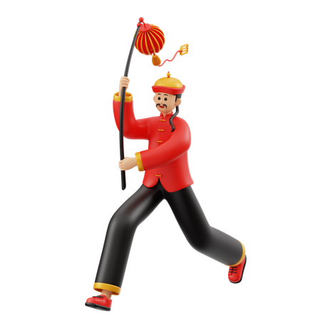Chinese Man Character Holding Lantern  3D Illustration