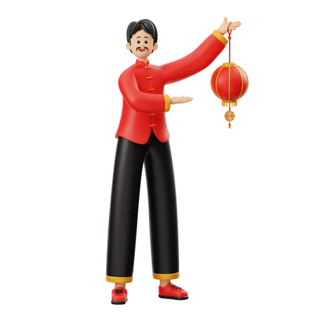 Chinese Man Character Holding Lantern  3D Illustration