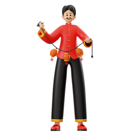 Chinese Man Character Holding Lantern  3D Illustration