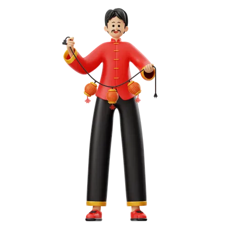 Chinese Man Character Holding Lantern  3D Illustration